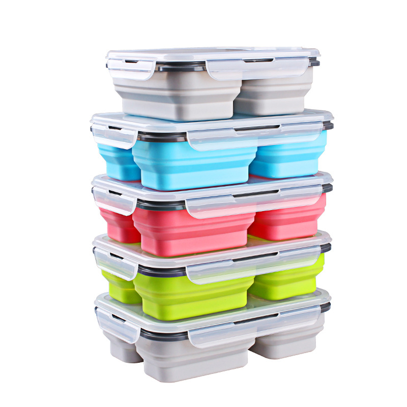 Two-compartment portable foldable silicone food storage container (fork included)