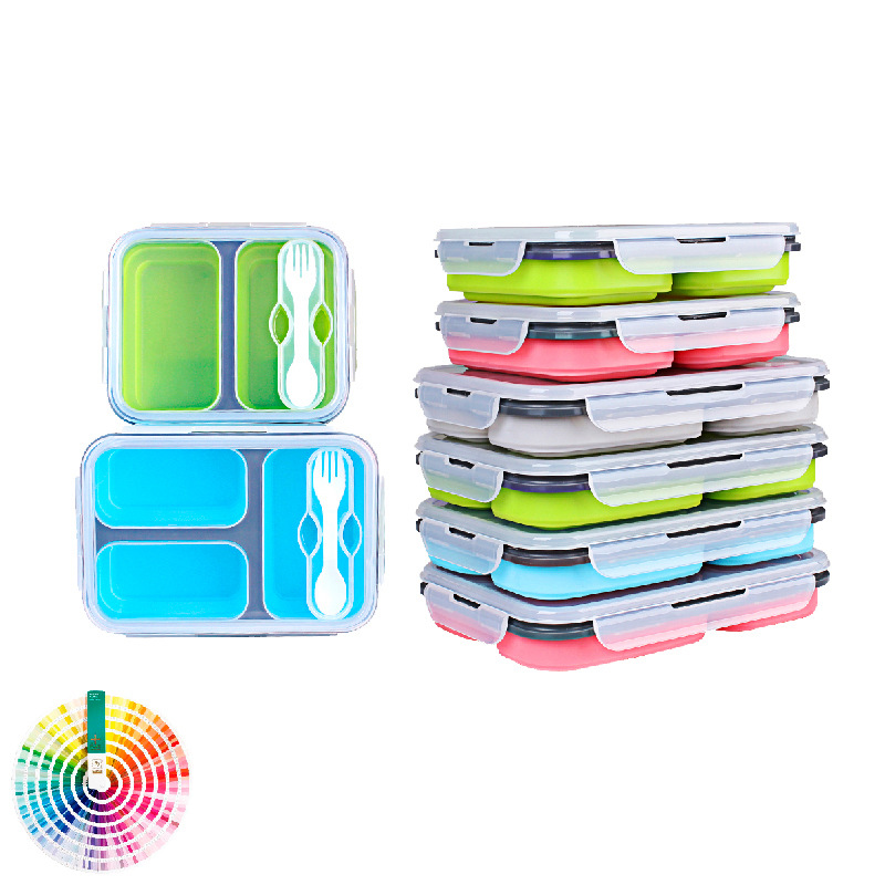 Two-compartment portable foldable silicone food storage container (fork included)