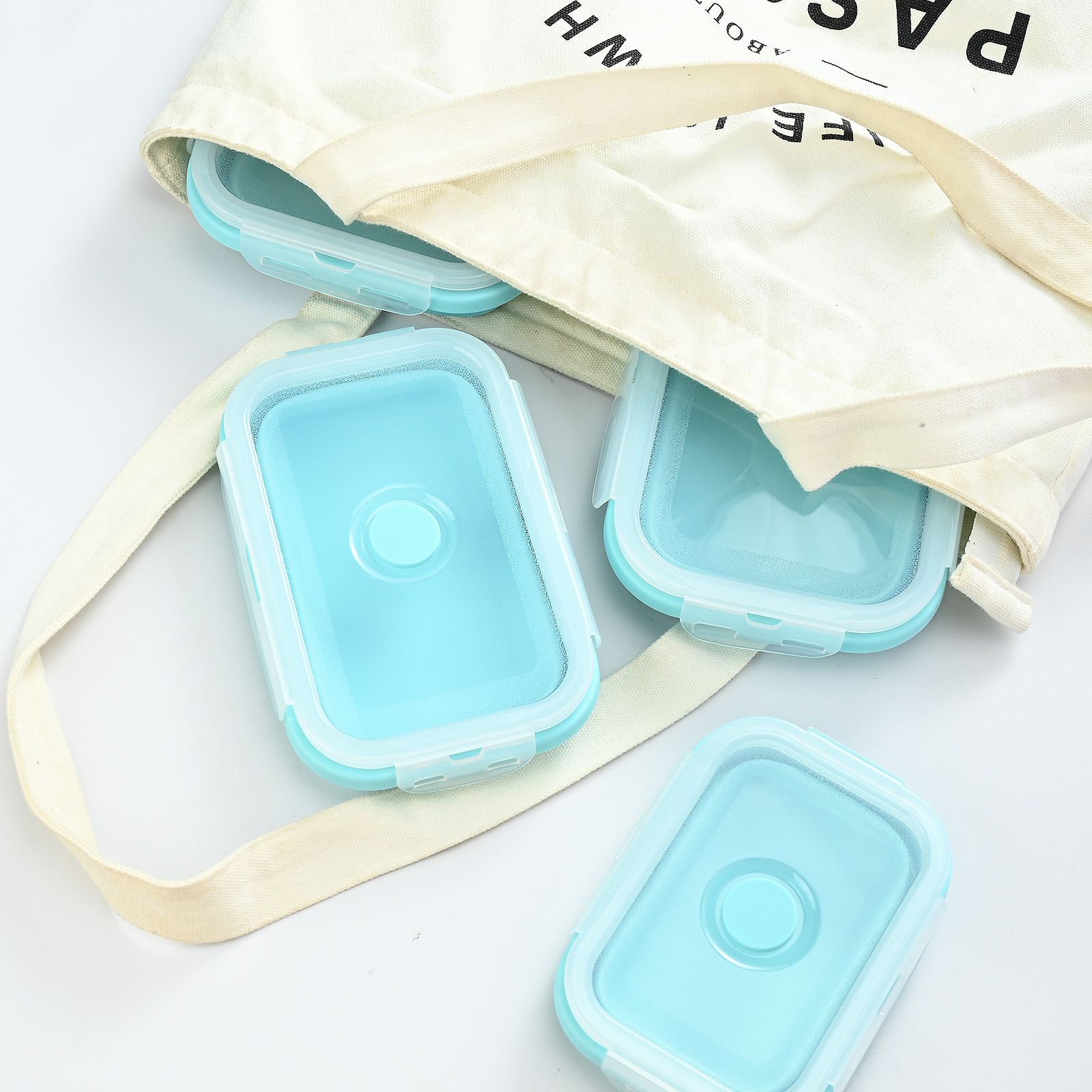 Foldable silicone lunchbox set, compressible travel bowl