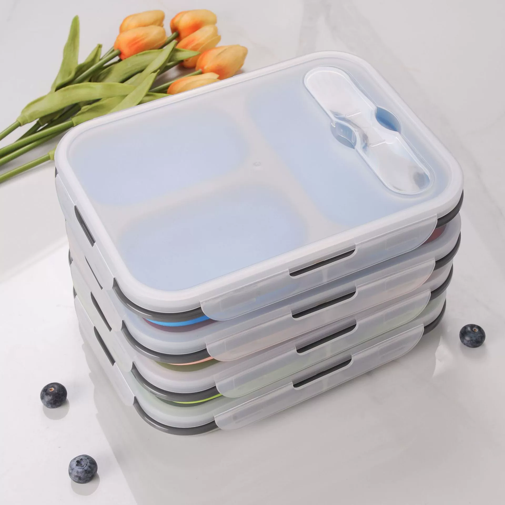 Foldable three-compartment silicone large-capacity lunch box