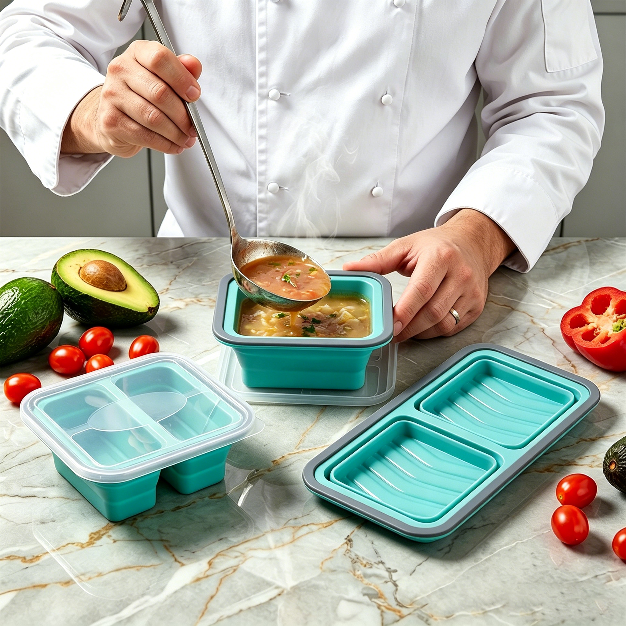 Square layered foldable silicone freezer lunch box