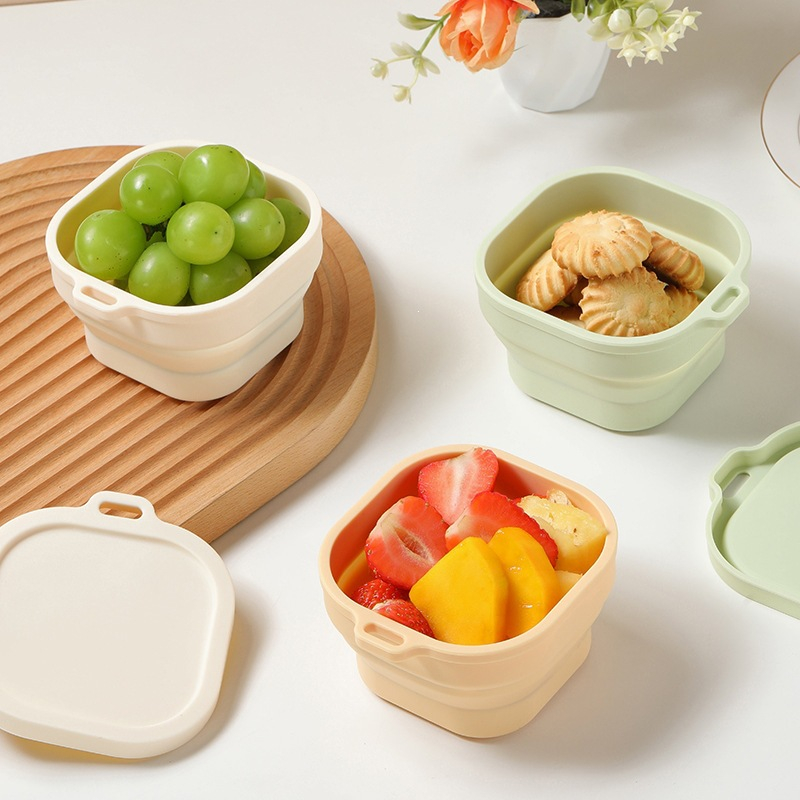 Portable silicone outdoor travel silicone folding square bowl lunch box cutlery set