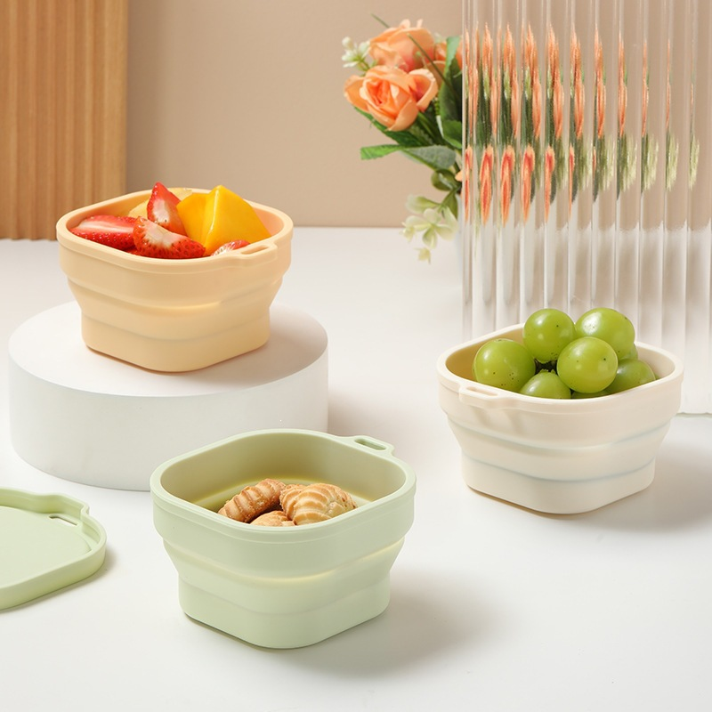Portable silicone outdoor travel silicone folding square bowl lunch box cutlery set