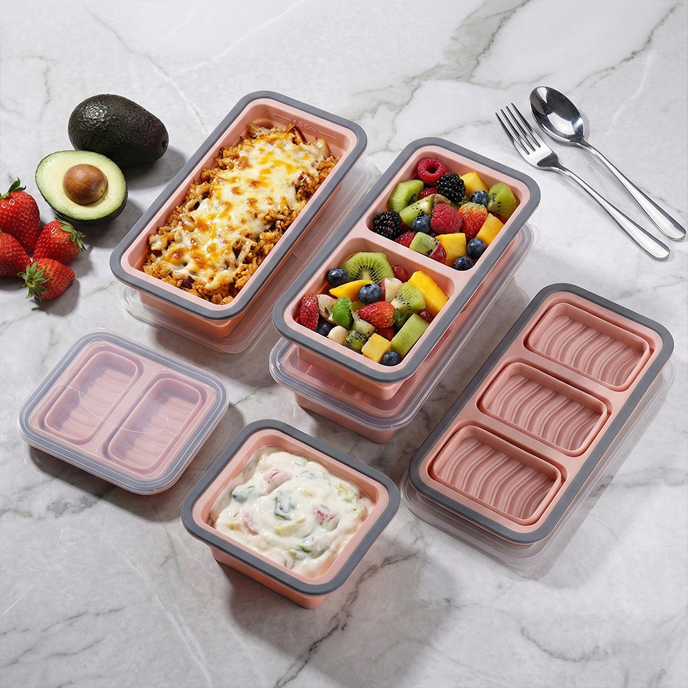 Square layered foldable silicone freezer lunch box