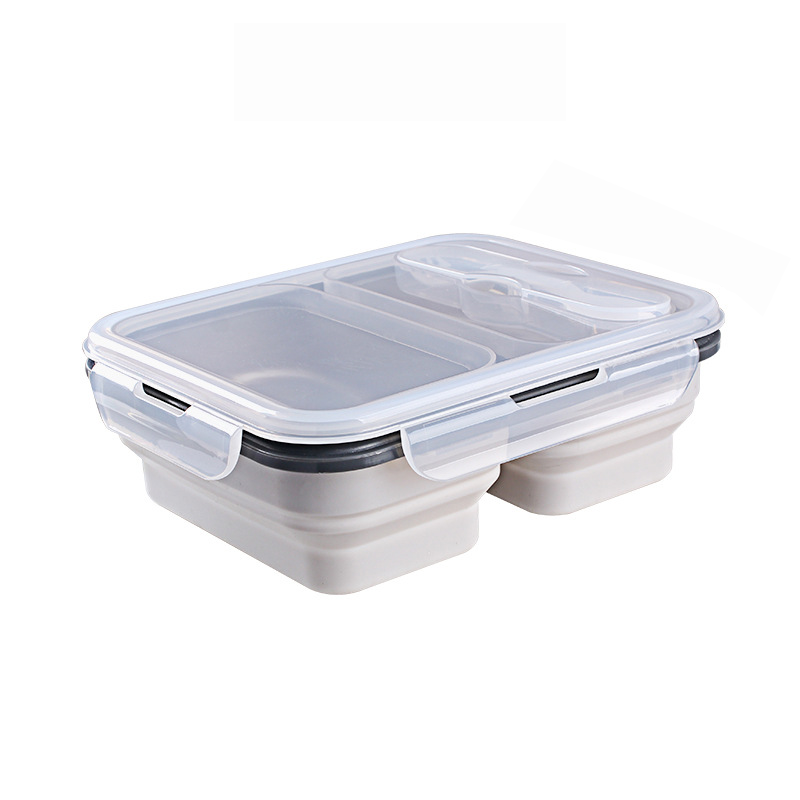 Two-compartment portable foldable silicone food storage container (fork included)