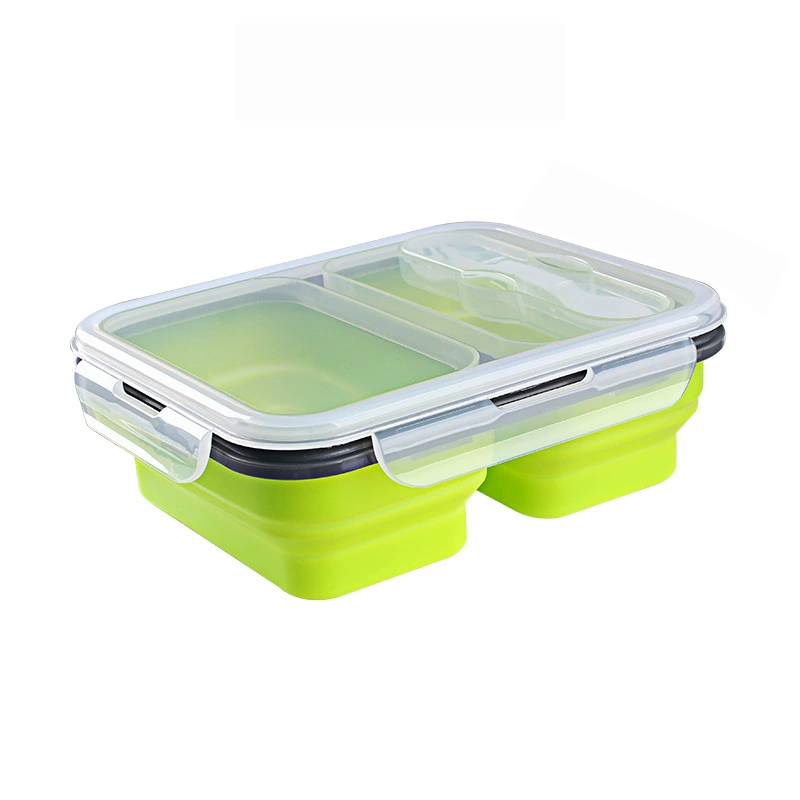 Two-compartment portable foldable silicone food storage container (fork included)
