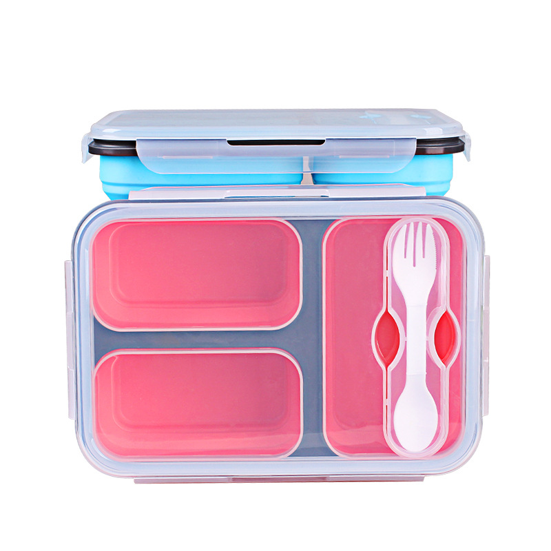 Two-compartment portable foldable silicone food storage container (fork included)